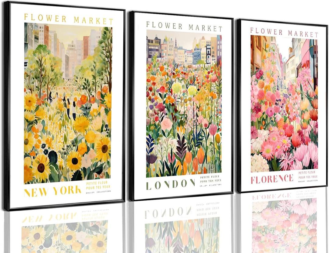 Pormipone 3 Pcs Flower Market Canvas Wall Art, Sunflower Floral Poster Wall Decor,Wildflower Botanical Picture for Wall Living Room Bathroom Bedroom Home Decoration 12 * 16 in Unframed