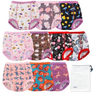 EZ Moms 10 Packs Reusable Potty Training Underwear for Girls Double Absorption Training Panties for Toddler Girls High Waist Toddler Girl Underwear 2T Kid Confident Pee Pants with a Laundry Bag, 2T