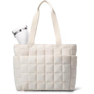 befen Laptop Tote Bag for Women Work, Travel Tote Bags Nurse Puffer Quilted Handbags, Lightweight Waterproof Beach Purse, A-Beige