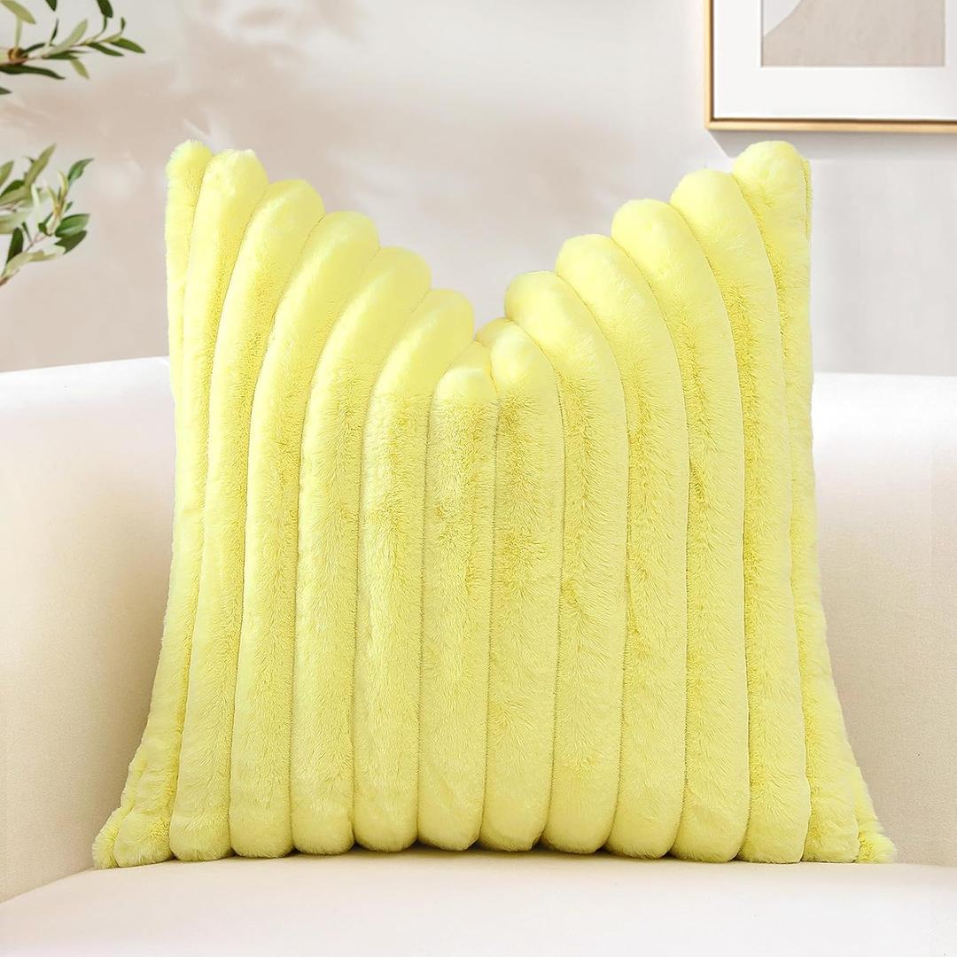 OTOSTAR Yellow Faux Rabbit Fur Decorative Throw Pillow Cover 18x18 Inch Soft Cozy Plush Striped Pillowcase Velvet Cushion Cover for Sofa Couch Bed Living Room
