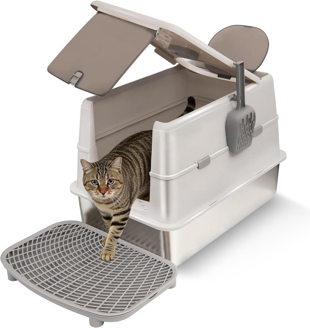 Stainless Steel XXL Cat Litter Box with 120 Lid, Enclosed Top Entry High-Sided Anti-Leak Cat Box, Dog Proof Litter Box for Multiple Cats, Includes Litter Step & Scoop