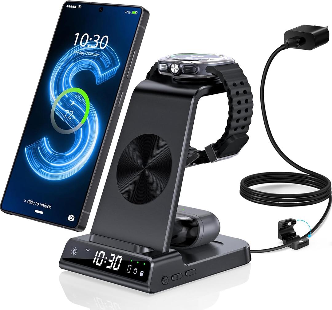 Wireless Charger for Samsung Charging Station with Clock for Samsung Galaxy S25 Ultra/S24 Ultra/Z Flip 7/Fold 6/Bud, 3 in 1 Android Charging Station, Watch Charger for Samsung Galaxy Watch 8/7/6/5Pro (Black)