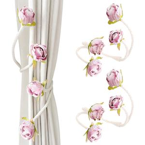 Decorative Pink Rose Curtain Tieback with Artificial Flowers, Pink Roses on White Twisted Rope, Woven Rope Curtain Holdbacks, Elegant Window Treatment (2)