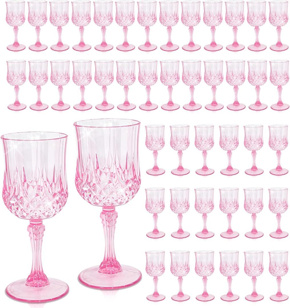 48 PCS Plastic Pink Wine Glasses, Plastic Goblets Pink Vintage Wine Glasses, Reusable Drinkware Vintage Champagne for Parties for Wedding Reception Grand Event Party, 7oz