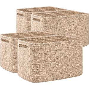 OIAHOMY 4 Pack Storage Baskets for Organizing, Cube Storage Bins for Shelves, Rectangle Storage Baskets With Handles, Woven Baskets for Storage, 16''Lx12''Wx8''H, Brown