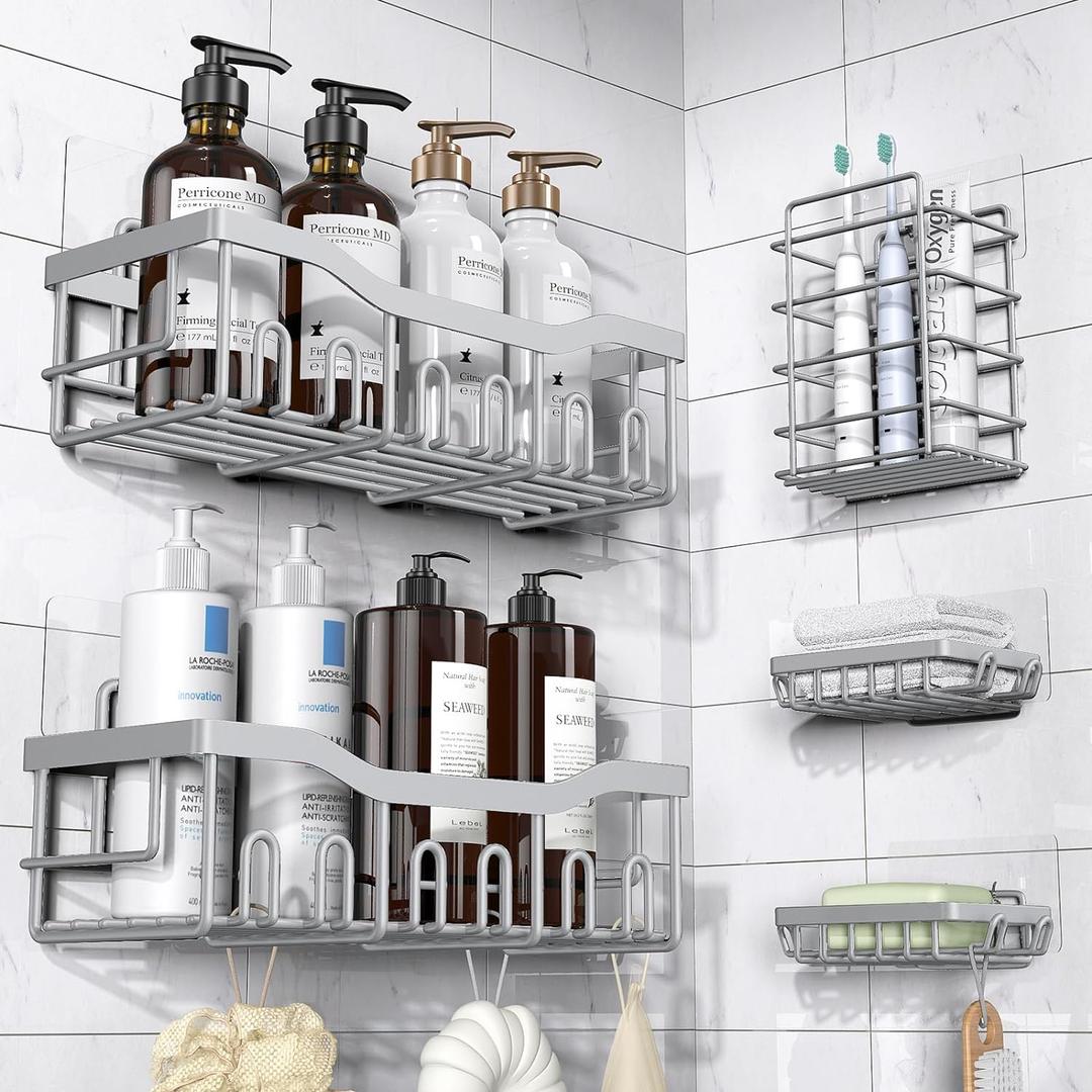 5-Pack Rustproof Stainless Steel Shower Caddy  No Drill Adhesive Bathroom Organizer with Large Capacity, Spacious Shower Shelves for Inside Shower, Kitchen & Home Decor Storage (5-piece set, Light Grey)