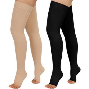 2 Pairs Compression Stockings for Women & Men, 20-30mmHg Thigh High Compression Socks, Open Toe Medical Compression Socks with Silicone Dot Band-Best Support for Nursing Sports Varicose Veins (Large)