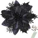 GREENTIME 12 Pcs Glitter Poinsettia 5.5" Artificial Flowers Christmas with Clips Stems Xmas Tree Ornaments for New Year Party Stairs Fireplace Porch Balcony Garden Church Wreath Decoration (Black)