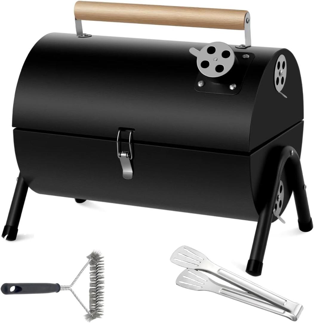 Portable bbq Charcoal Grill Small Folding Table Top Charcoal Grill for Outdoor Camping Two Side Carbon Smoker Griller with bbq Grill Brush and Metal Tongs (Black)