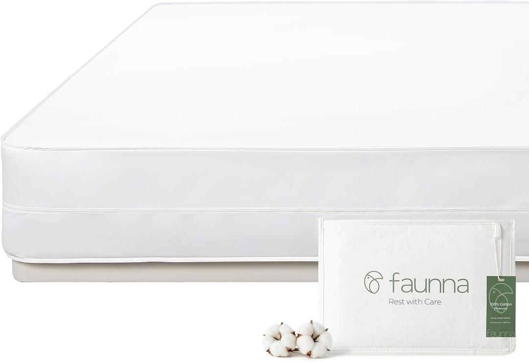 FAUNNA Zippered Mattress Encasement, 100% Cotton Bed Bug and Dust Mite Proof Mattress Protector, Hypoallergenic, Antibacterial Protection, Noiseless Zipper, Six-Sided Cover (Queen 12" Deep)