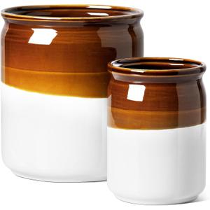LE TAUCI Kitchen Utensil Holder, 7.2" & 5.4" Ceramic Utensil Crock for Countertop, Large Heavy Weighted Spatula Organizer, Rustic Farmhouse Decor, Vintage Two-Tone Glaze, Set of 2, Brown & White