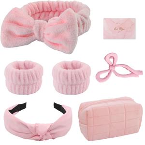Skincare Face Wash Spa Headband and Wristband Set Top Knotted Headbands Big Hair Claw Clips Butterfly Hair Accessories Quilted Makeup Bag Blank Cards Gifts for Women and Teen Girl Gifts Trendy Stuff (Pink 7-Pack)