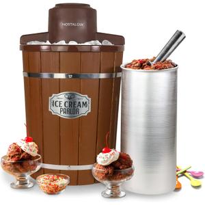 Nostalgia Electric Ice Cream Maker With 6 Qt Capacity - Old Fashioned Ice Cream Machine Makes Frozen Yogurt or Gelato in Minutes- Vintage Wooden Style Ice Cream Maker with Aluminum Canister- Dark Wood