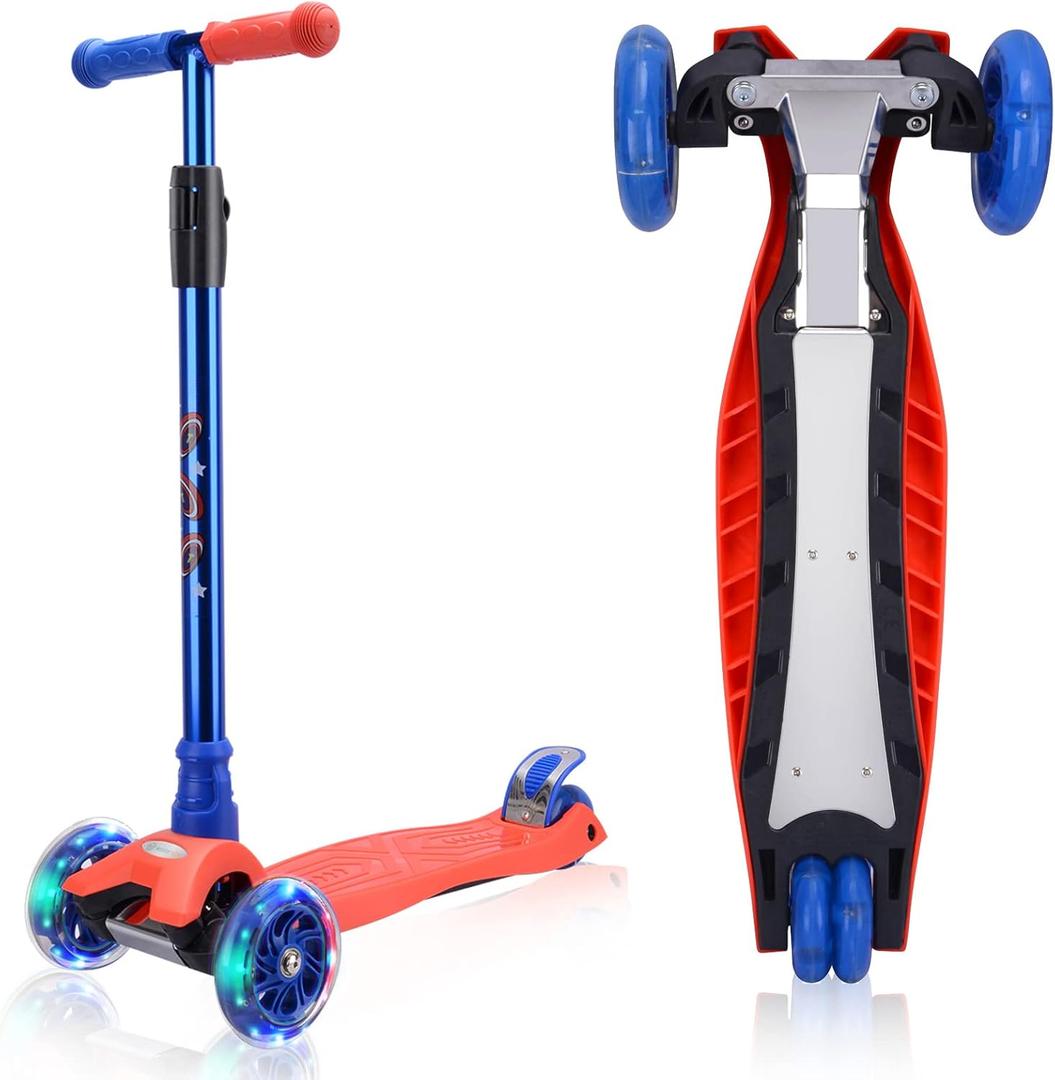 3 Wheel Scooter for Kids Ages 6-12,Kids Scooter with Light Up Wheels, Sturdy Deck Design, and 4 Height Adjustable Suitable for Kid Ages 3-12 (Blue)