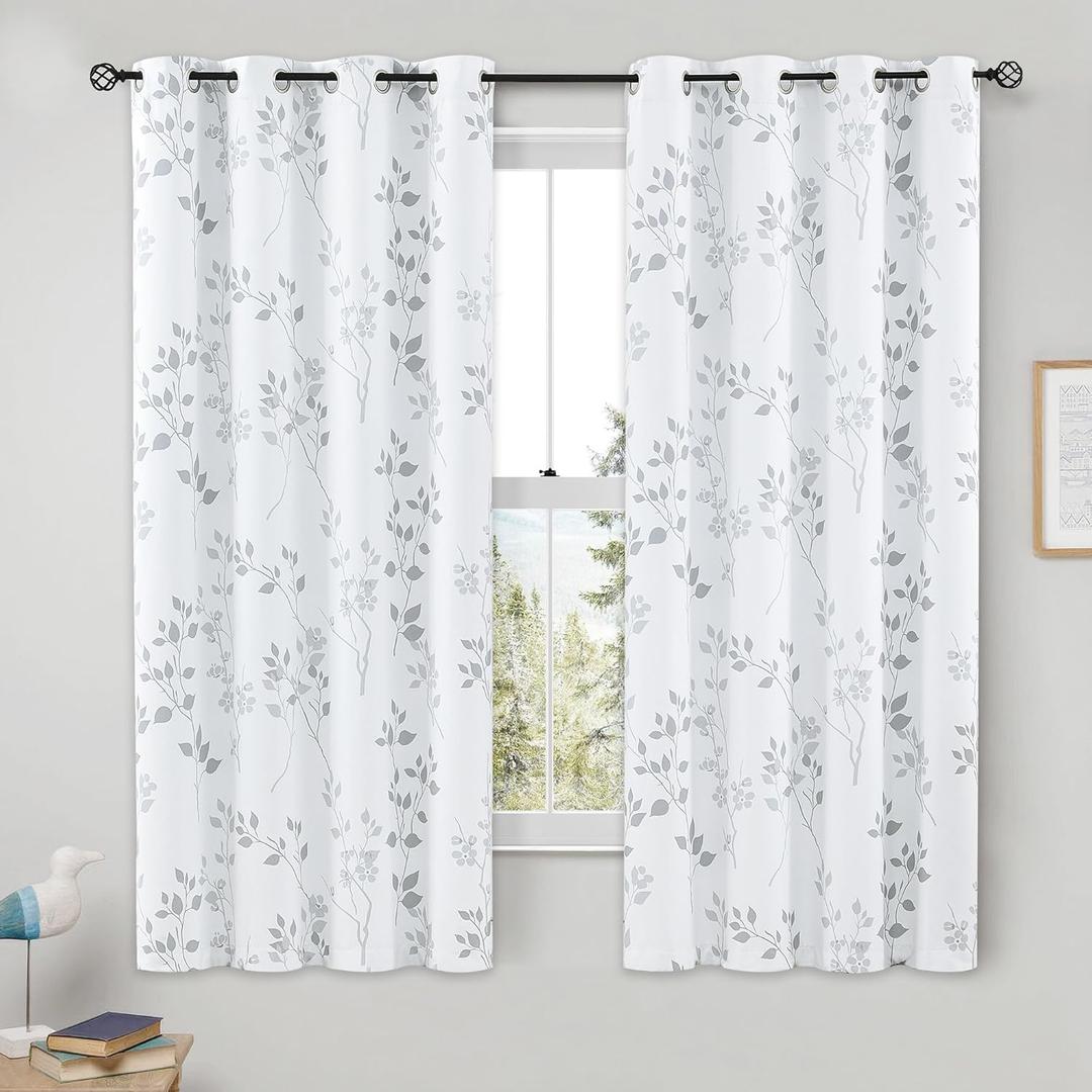 Beauoop Floral 100% Blackout Curtains 54 Inch Length 2 Panels for Bedroom Living Room Grey White Flower Patterned Room Darkening Thermal Insulated Soundproof Grommet Window Treatments Drapes, 52X54