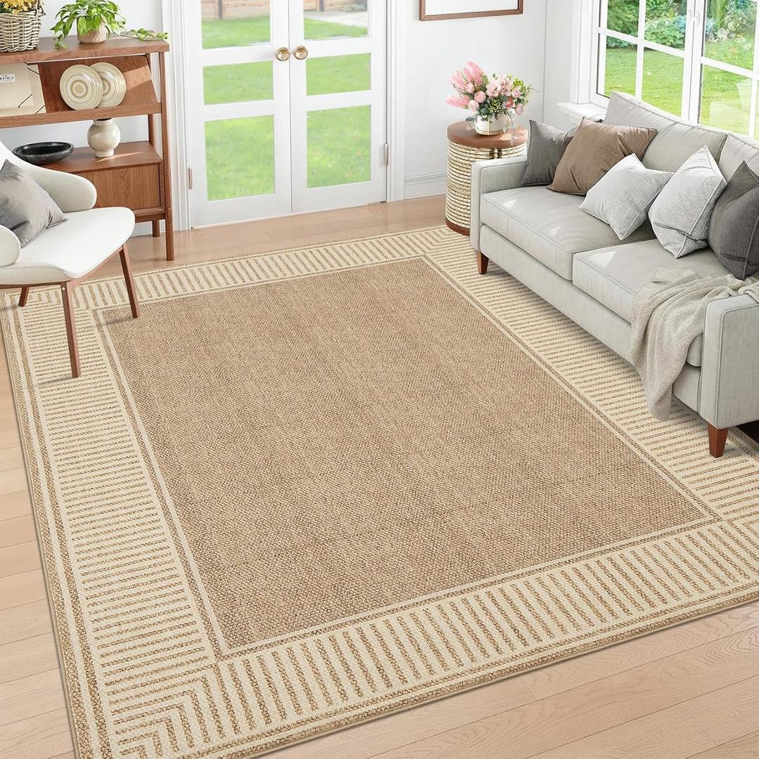 GarveeHome Bordered Rug 4x6 Washable Rug for Living Room Modern Striped Border Area Rug Non Slip Low Pile Dining Room Throw Carpet Contemporary Carpet for Entryway Kitchen Nursery, Khaki
