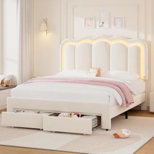 Queen Upholstered LED Bed Frame with 2 Storage Drawers and Adjustable Chic Double Wavy Headboard, Velvet Princess Platform Bed with Charing Station, Solid Wood Slats Support,No Box Spring Needed,Beige