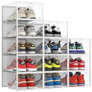 Pinkpum XXL Larger Shoe Storage Boxes Fit Size 14, Clear Plastic Stackable Shoe Organizer 12 Pack Sneaker Storage for Sneakerheads Shoe Containers