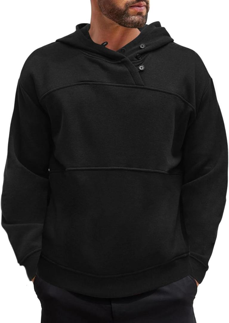 Floral Find Men's Long Sleeve Fleece Hoodies Button Up Sweatshirt Loose Fit Fall Winter Pullover Top (Black)