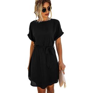 SHENHE Women's Casual Short Sleeve Round Neck Self Belted Straight Mini Dress (Medium, Black)