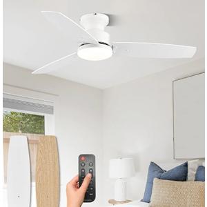 Modern Ceiling Fans with Lights, 42 Inch Ceiling Fan with Light and Remote, Bedroom Living Room Office Outdoor, Flush Mount,18W 3CCT 3 Blades 6 Speed Reversible Quiet DC Motor, White/Wood Grain