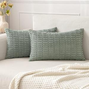 MIULEE Pack of 2 Corduroy Decorative Throw Pillow Covers 12x20 Inch Soft Boho Striped Pillow Covers Modern Farmhouse Home Decor for Sofa Living Room Couch Bed Greyish Green