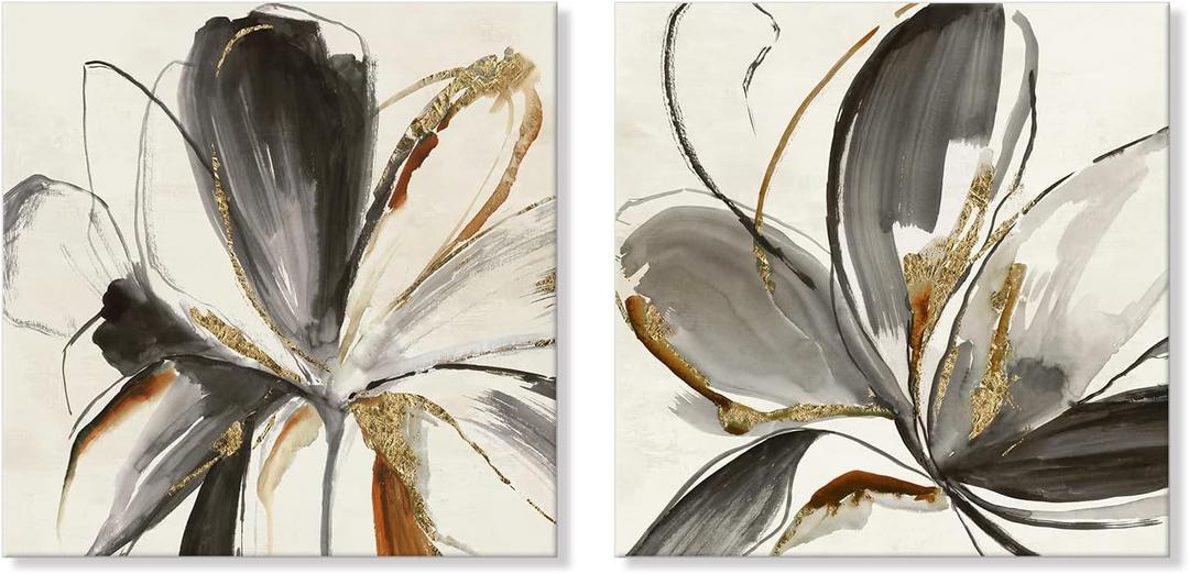 7CANVAS Grey and White Flowers Canvas Wall Art Watercolor Floral with Gold Print Picture Modern Abstract Flower Painting for Living Room Bedroom Ready to Hang 24x24Inchx2pcs