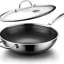 Wok pan,Hybrid 13 inch Wok with Lid, PFOA Free Cookware,non stick Stainless Steel Woks & Stir-fry pans Nonstick, Dishwasher and Oven Safe, Works on Induction