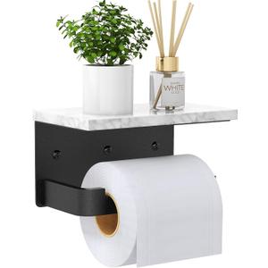 Toilet Paper Holder with Shelf, Extended Base Wall Mounted, Marble Toilet Roll Holder Black for Bathroom Washroom