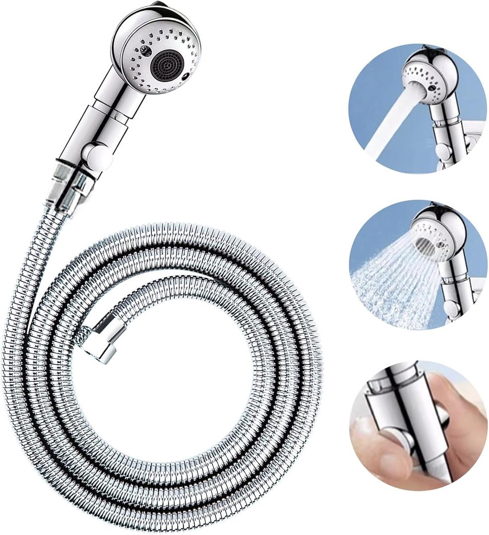 Shampoo Bowl Hose and Sprayer, 1/2 Nut Stainless Steel Salon Sink Hose with Spray Head Replacement Part to Attach Shampoo Bowl Faucet Vacuum Breaker, Dual Sprayer Model, One Click Water Stop Button