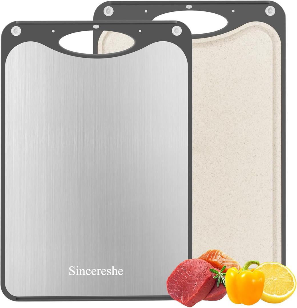 Double Sided Titanium Cutting Board - 15x10 Inch Non-Slip Kitchen Chopping Board with Juice Groove, Wheat Straw Side & Garlic Grater, Dishwasher Safe, Knife-Friendly