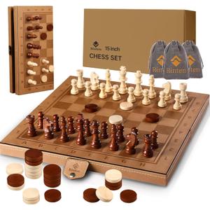 15" Magnetic Chess Set & Checkers Set 2 in 1Rinten Leather Portable Travel Chess Board Game Sets with Velvet Bag Packaging Beginner Large Chess Set for Kids and Adults