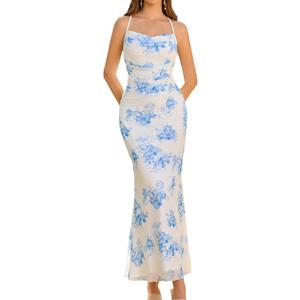 URYIAO Womens Floral Wedding Guest Fall Bodycon Ruched Long Dress (Blue)