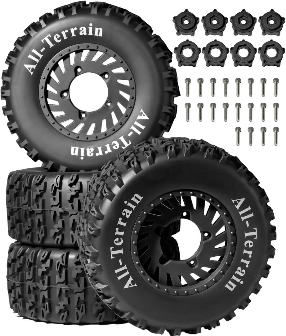 4PCS 1/10 RC Short Course Truck Tires, All-Terrain Rubber Tires and Nylon Wheels with 12mm/17mm Hex Compatible with 1/10 Traxxas Slash 4WD 2WD Arrma Senton Axial Losi Redcat (Black)