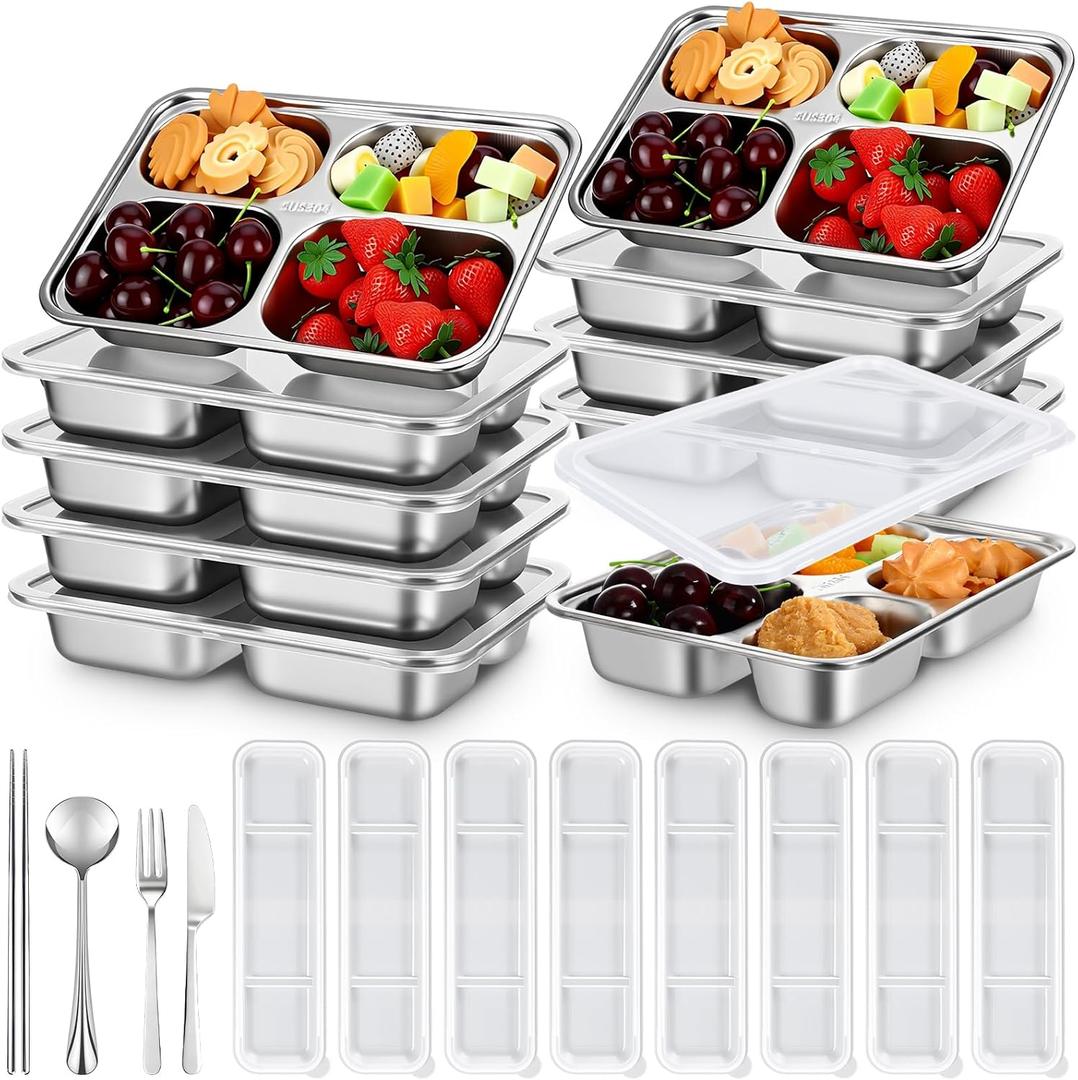 8 Pack Stainless Steel 4 Compartments Snack Bento Snack Boxes with Lids and 8 Sets Portable Stainless Steel Flatware Set Travel Utensil Set Chopsticks Knife Fork Spoon with Case for Home
