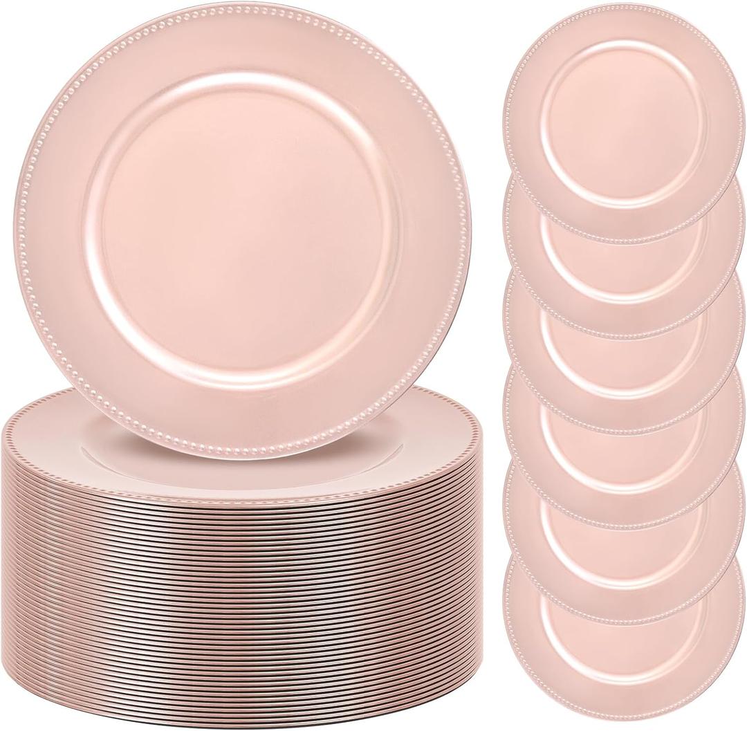 50 Pack Rose Gold Charger Plates 13" Plastic Round Charger Plates Dinner Plate With Beaded for Spring Easter Wedding Table Dinner Kitchen Catering Event Party Decoration