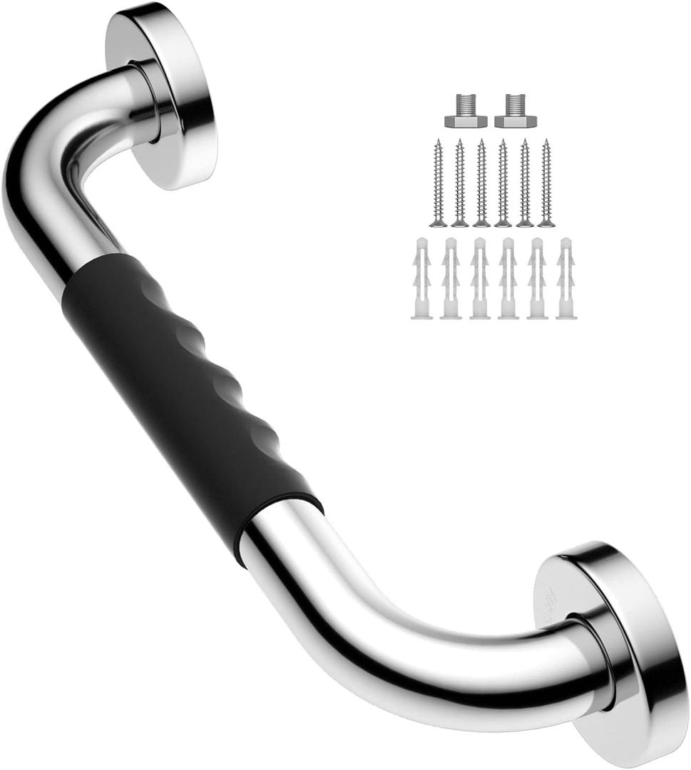 12 Inch Anti-Slip Shower Grab Bars w/Rubber Grip - 1" Diameter, iMomwee Chrome SUS304 Stainless Steel Bathroom Grab Bar Handle, Safety Balance Handrail for Wall, Handicap Elderly Assist Bath Handle