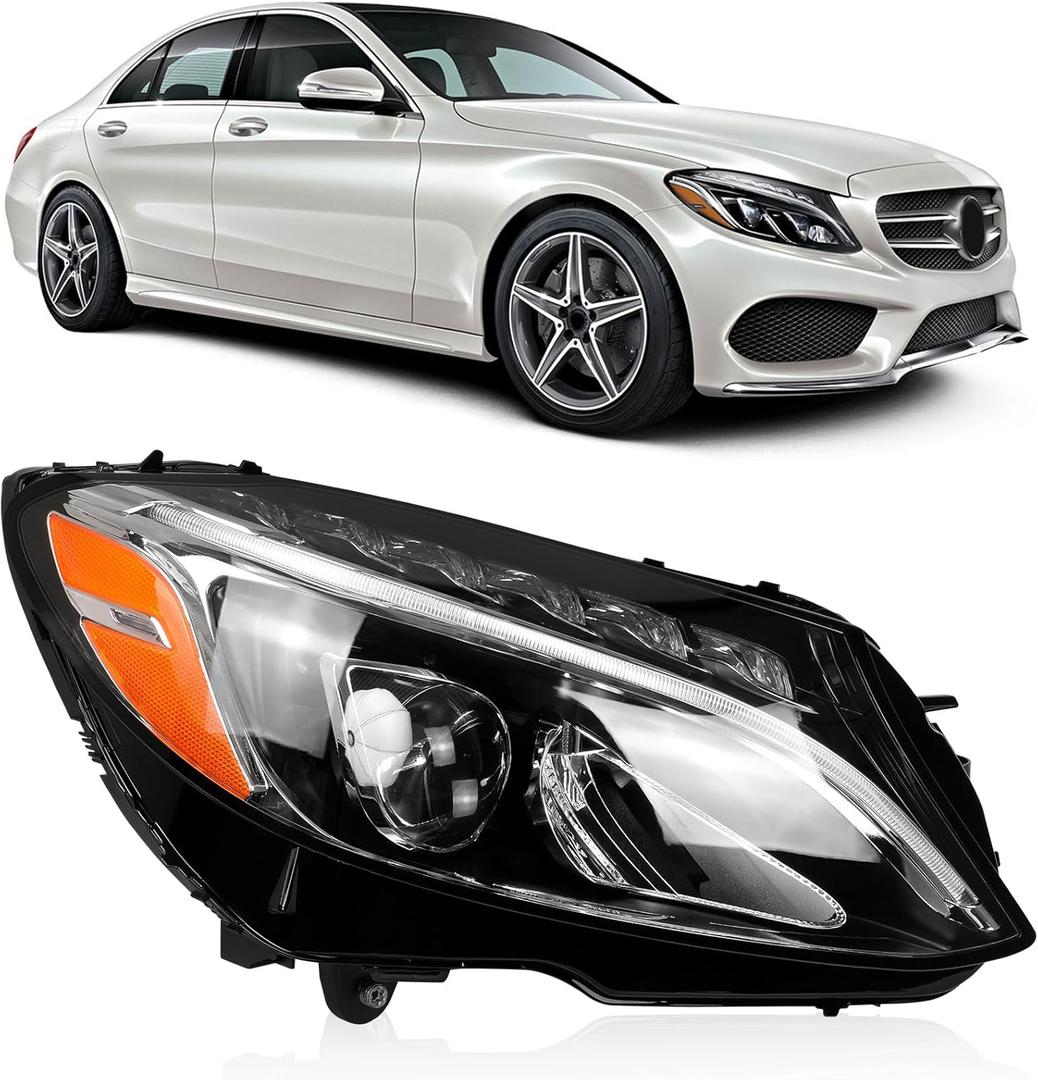 LED Headlight Assembly Fit for 2015-2018 Mercedes Benz C-Class W205 C300 C180 C200 C250 C43 C63 C350E, Front Headlight w/LED DRL Projector Replace A2059067703, A2059063004 (Right Passenger Side)