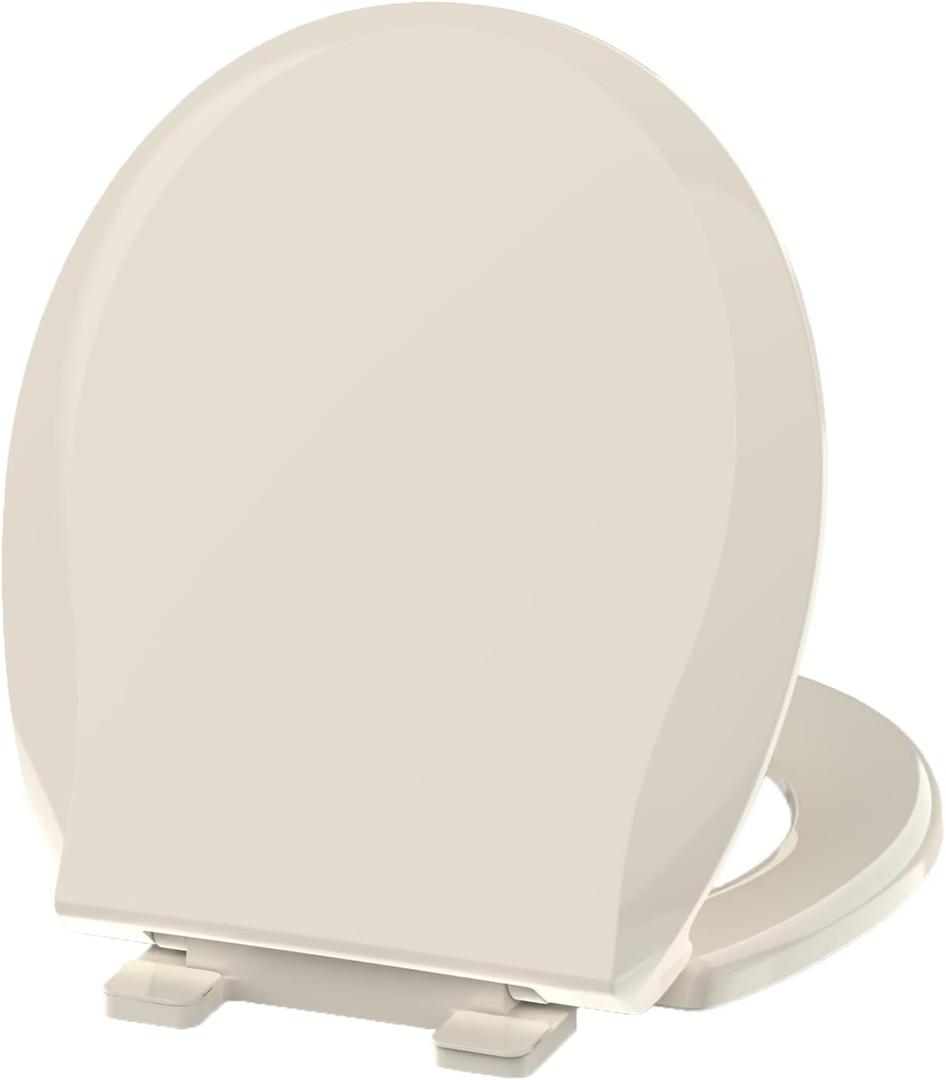 Toilet Seat Round 16.5 inch, Toilet Seat Soft Close No Slam Quiet, Easy Installation and Never Loosen, PP Safe Material, 24M Support, Almond