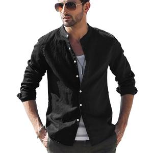 Men's Casual Cotton Shirt Long Sleeve Band Collar Henley Shirt Tops Black XL