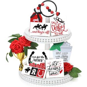Vicenpal 13 Pcs Derby Horse Racing Table Tiered Tray Decoration Set Wooden Tabletop Sign Red Rose Flowers Centerpiece Gold Plastic Trophy Bead for DIY Horse Racing Festival Supplies Home Shelf Kitchen