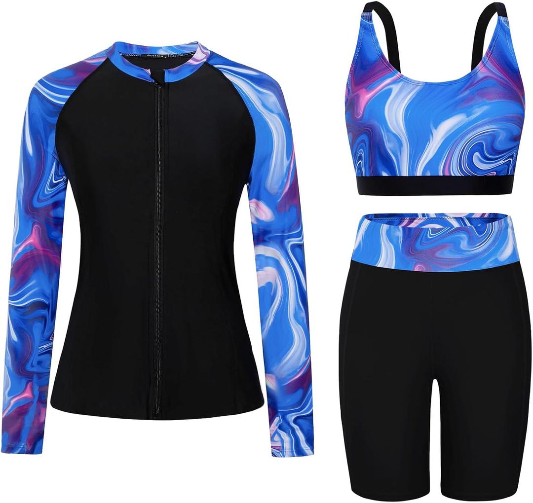 Arolina Womens Rash Guard Long Sleeve Swim Shirts Swimsuit 2025 Bathing Suit with Womens Swim Shorts & Two Pockets (Medium, Purple Ripples)