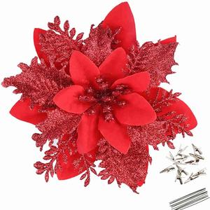 GREENTIME 12 Pcs Glitter Poinsettia 5.5" Artificial Flowers Christmas with Clips Stems Xmas Tree Ornaments for New Year Party Stairs Fireplace Porch Balcony Garden Church Wreath Decoration (Red)