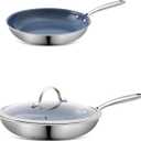 Stainless Steel Non Stick Frying Pan,8 & 10 Inch Healthy Non Toxic Ceramic Coating Cookware with Lid, Works on Induction, Electric Stove and Gas Cooktops, PTFE PFAS PFOA Free Skillet, Dishwasher & Oven Safe