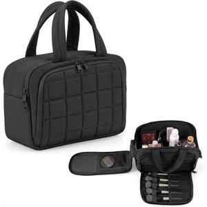Huhumy Travel Toiletry Bag, Puffy Checkered Makeup Bag for Women, Large Quilted Wide-open Lightweight Cosmetic Organizer with Handle for Accessories, Essentials, Toiletries (Black)
