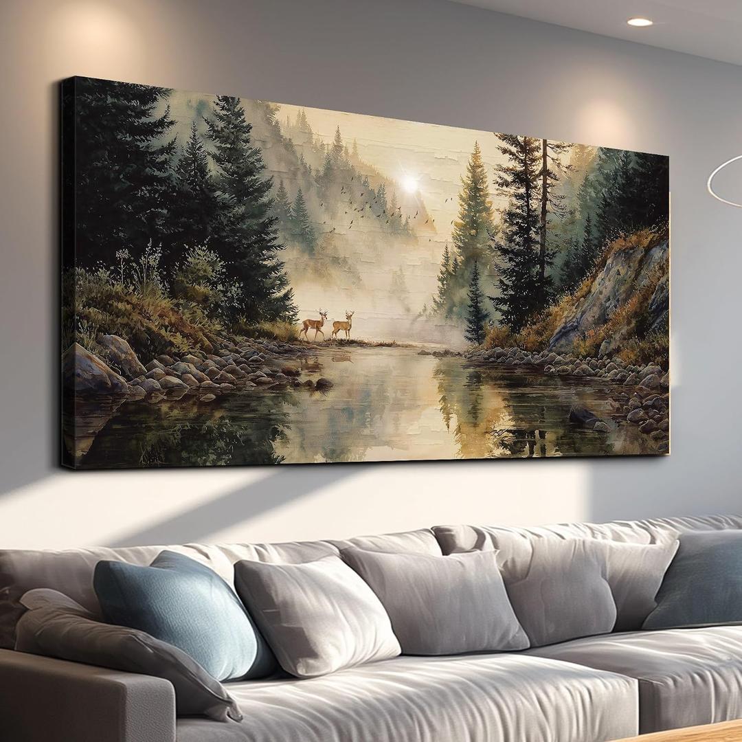 WLWBINTING Farmhouse Wall Art Large Landscape Wall Decor Deer Forest Pictures Vintage Wall Art Decorations For Living Room Bedroom Office Rustic Paintings Artwork For Wall Nature Aesthetic Home Decor
