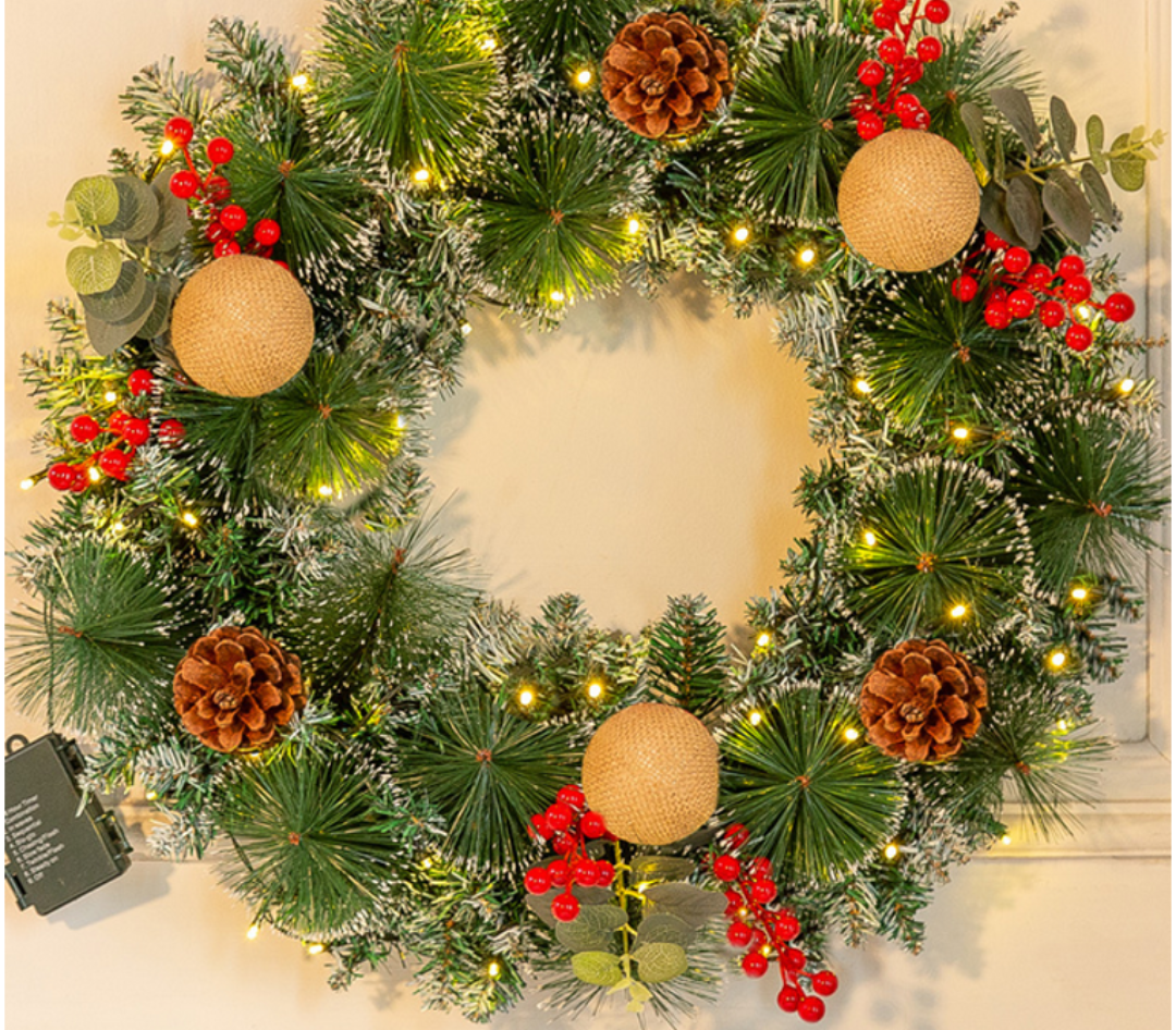 24 Inch Prelit Artificial Christmas Wreath with Lights,Lighted Xmas Wreaths for Front Door with 60 LED Battery Operated 8 Modes Remote Control Timer,Indoor Outdoor Wall Christmas Decorations