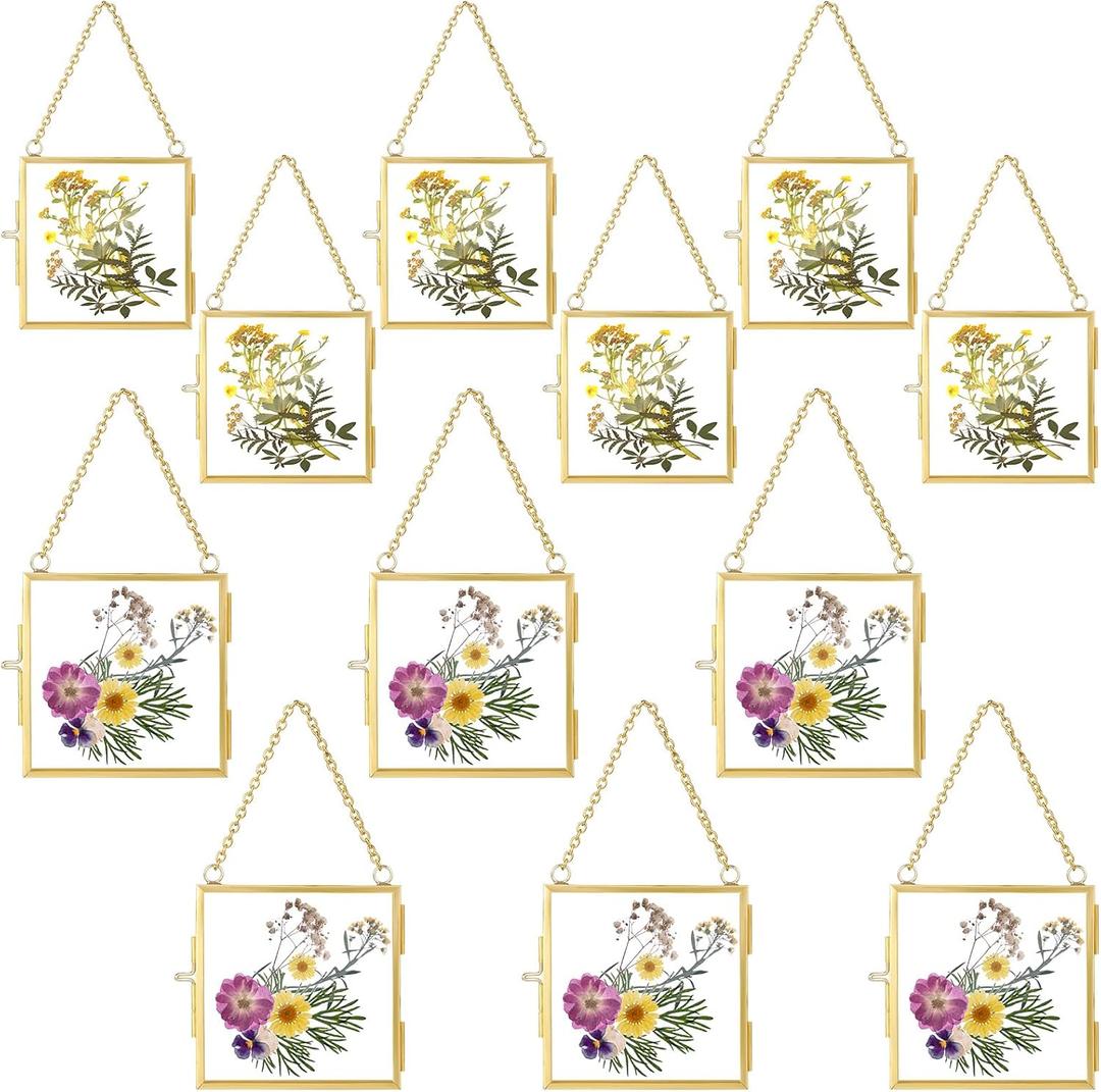 Kigley 12 Pcs Double Glass Frame 2.4" and 3.2" Small Square Glass Frames for Pressed Flowers with Chain for Display Gallery Artwork (Gold)