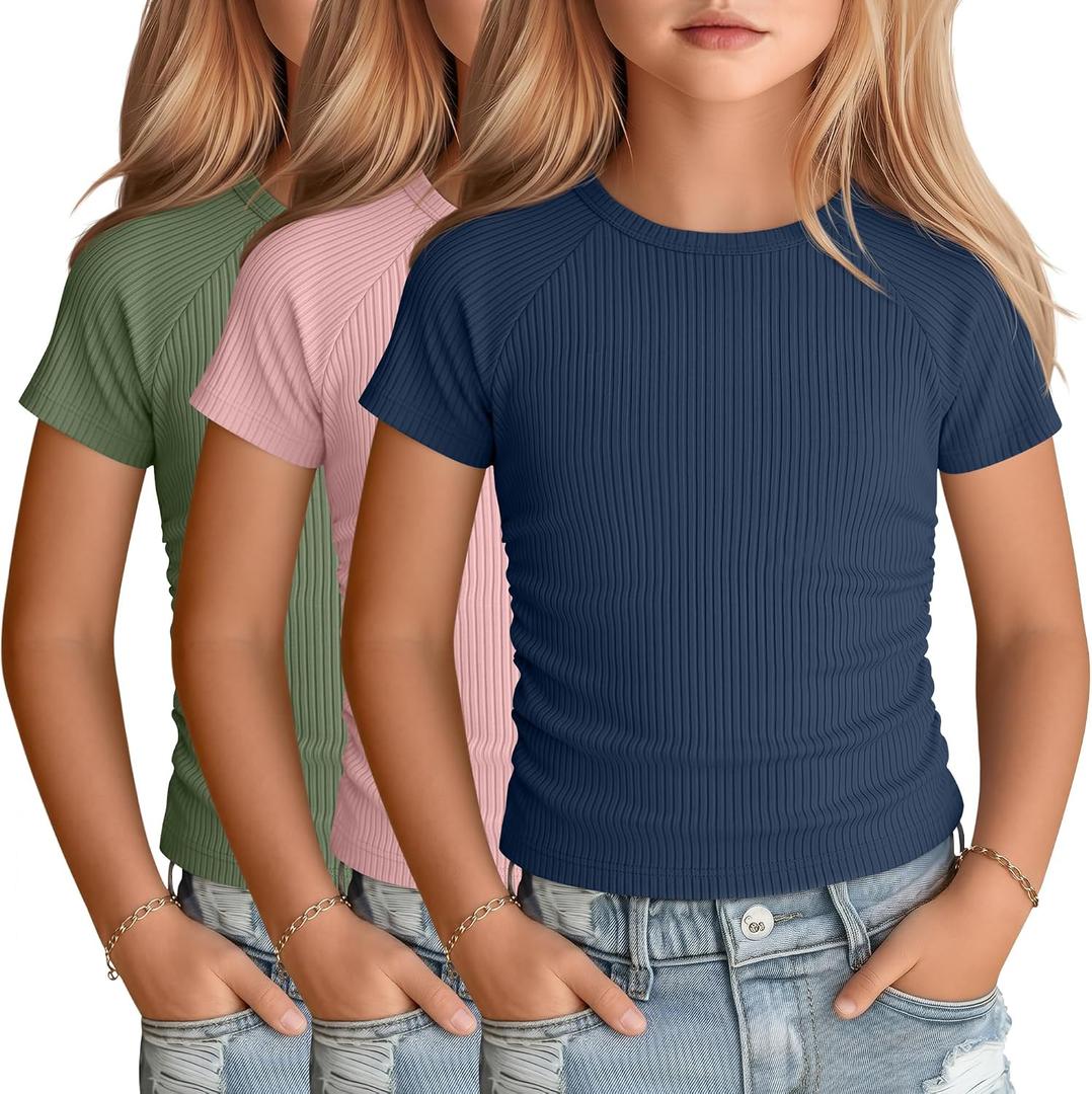 3 Pack Girls Short Sleeve Cute Shirts | Ribbed Knit, Crew Neck, Slim Fit, Summer, Basic, Soft, School Outfit, Trendy, Ages 5-14, Solid Colors, Versatile Styling