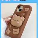 Kawaii 3D Teddy Bear Phone Case for iPhone 16 Pro (with Retractable Phone Stand & Grip) Cute Girly Cartoon Soft Silicone Phone Cover for Girls, Kids, Teens, and Women, Brown